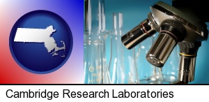 a microscope and glassware in a research laboratory in Cambridge, MA