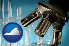 virginia map icon and a microscope and glassware in a research laboratory